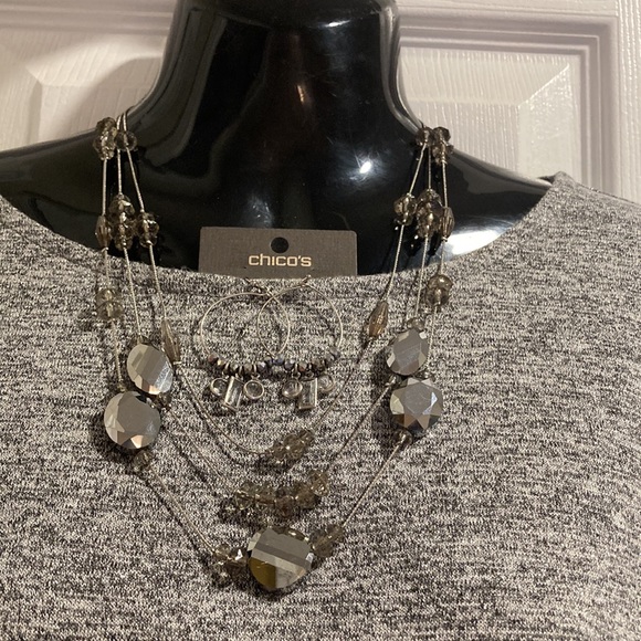 Chico’s NWOT - Triple Strand Silvertone Necklace with Smokey Crystals & Earrings - Picture 6 of 13
